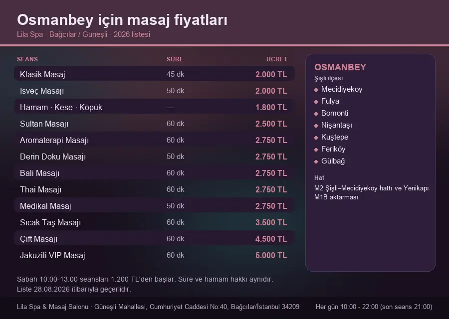 Osmanbey sayfası için Lila Spa masaj fiyat tablosu: seans, süre ve ücret listesi
