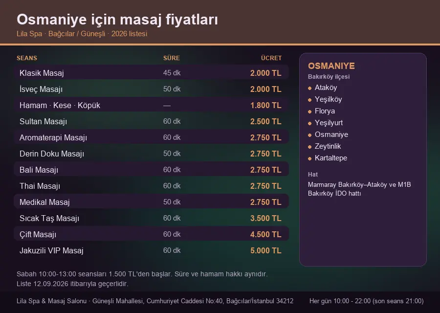 Osmaniye sayfası için Lila Spa masaj fiyat tablosu: seans, süre ve ücret listesi