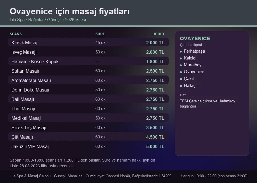 Ovayenice sayfası için Lila Spa masaj fiyat tablosu: seans, süre ve ücret listesi