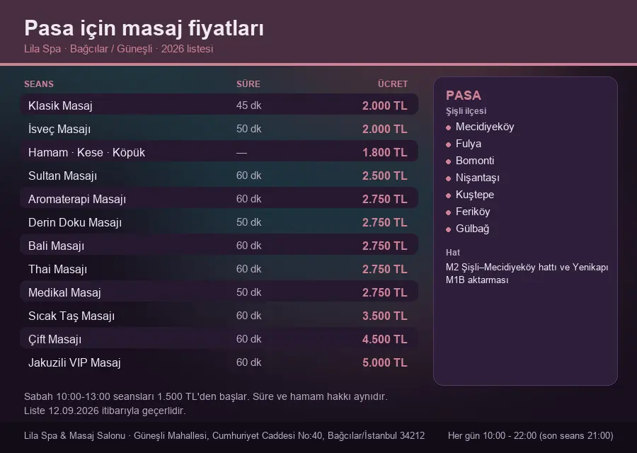 Pasa sayfası için Lila Spa masaj fiyat tablosu: seans, süre ve ücret listesi