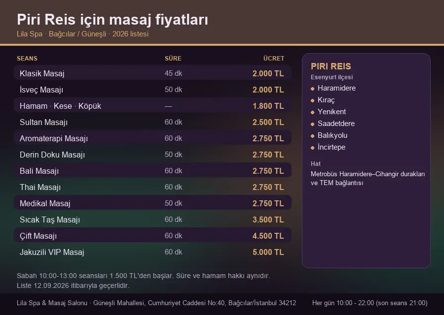 Piri Reis sayfası için Lila Spa masaj fiyat tablosu: seans, süre ve ücret listesi