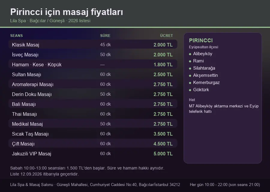 Pirincci sayfası için Lila Spa masaj fiyat tablosu: seans, süre ve ücret listesi