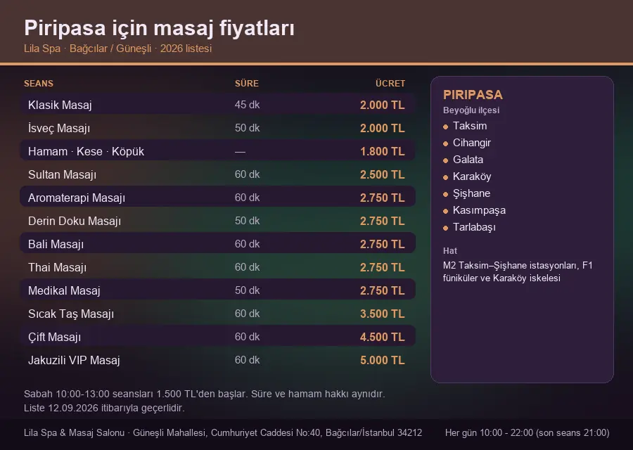 Piripasa sayfası için Lila Spa masaj fiyat tablosu: seans, süre ve ücret listesi