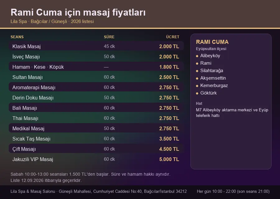 Rami Cuma sayfası için Lila Spa masaj fiyat tablosu: seans, süre ve ücret listesi