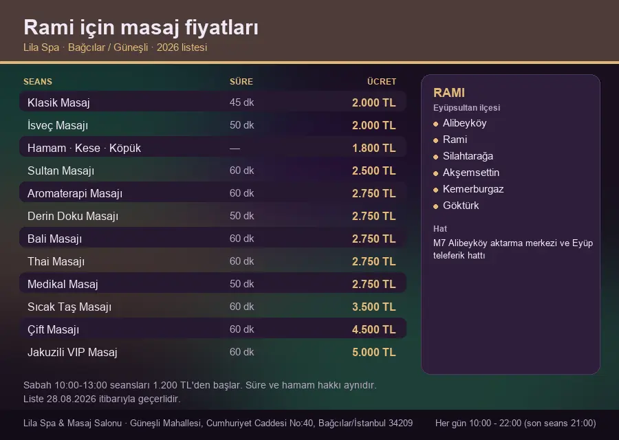 Rami sayfası için Lila Spa masaj fiyat tablosu: seans, süre ve ücret listesi