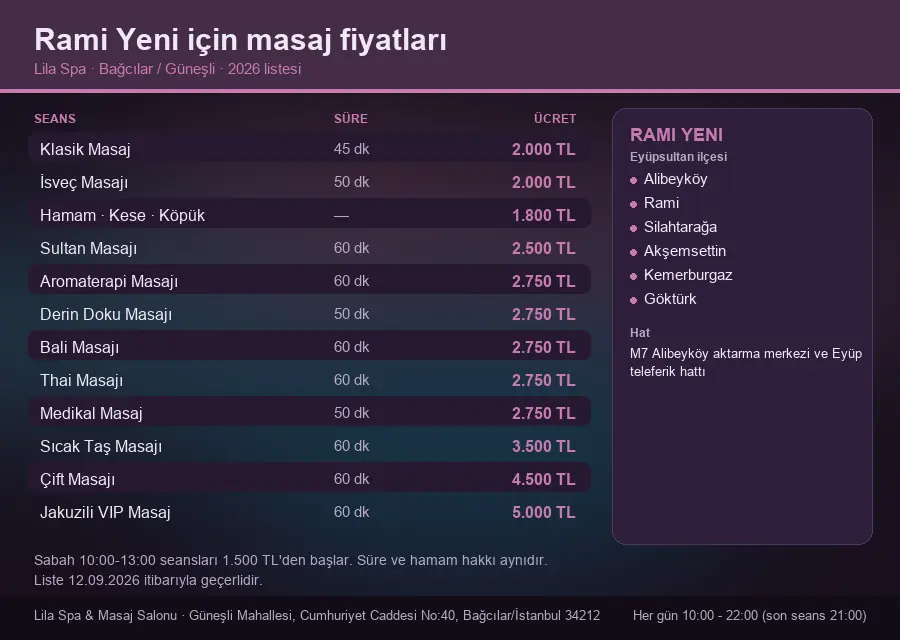 Rami Yeni sayfası için Lila Spa masaj fiyat tablosu: seans, süre ve ücret listesi