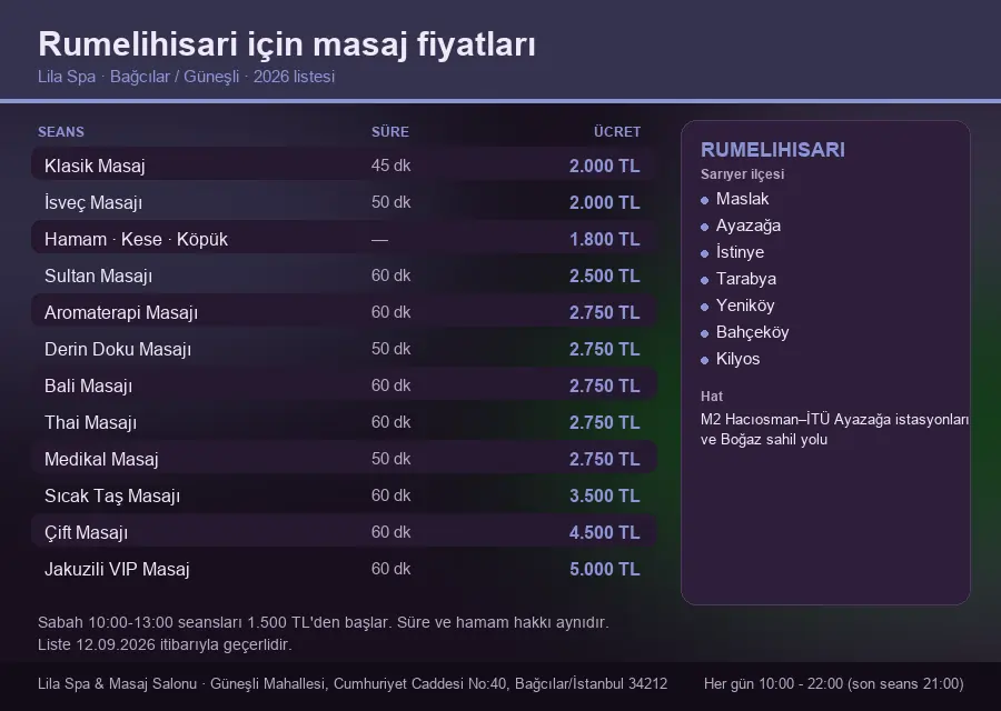 Rumelihisari sayfası için Lila Spa masaj fiyat tablosu: seans, süre ve ücret listesi