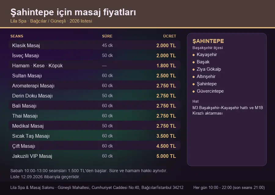 Şahintepe sayfası için Lila Spa masaj fiyat tablosu: seans, süre ve ücret listesi