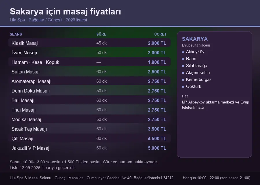 Sakarya sayfası için Lila Spa masaj fiyat tablosu: seans, süre ve ücret listesi
