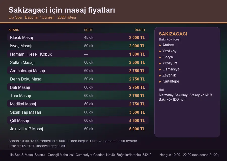 Sakizagaci sayfası için Lila Spa masaj fiyat tablosu: seans, süre ve ücret listesi