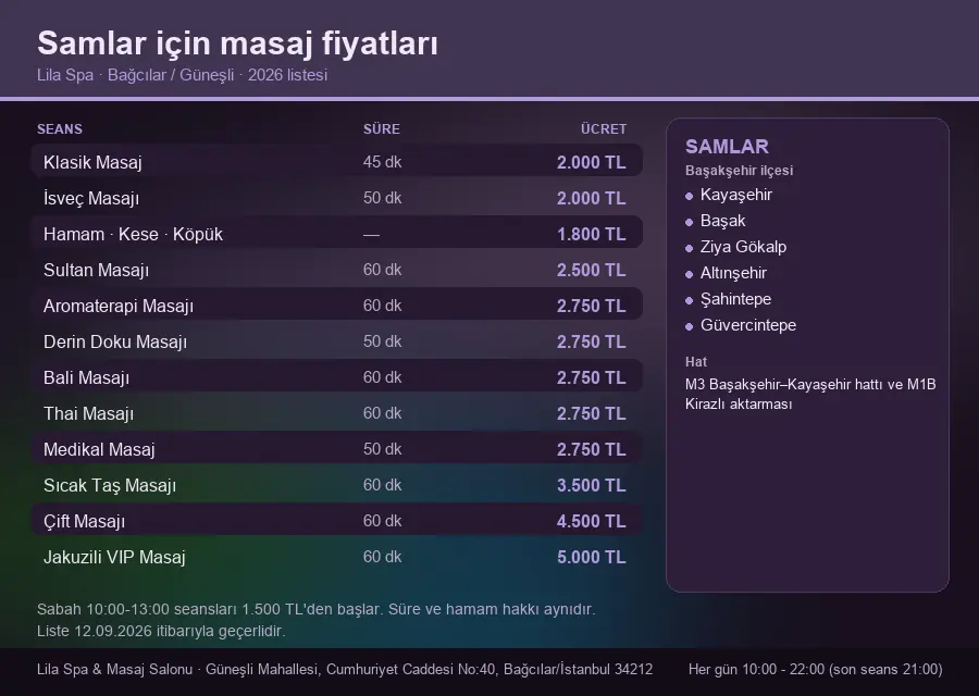 Samlar sayfası için Lila Spa masaj fiyat tablosu: seans, süre ve ücret listesi