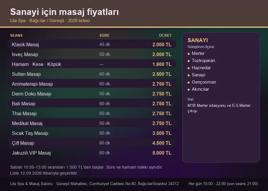 Sanayi sayfası için Lila Spa masaj fiyat tablosu: seans, süre ve ücret listesi