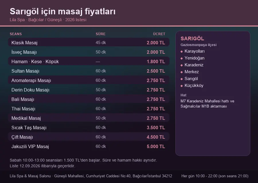 Sarıgöl sayfası için Lila Spa masaj fiyat tablosu: seans, süre ve ücret listesi