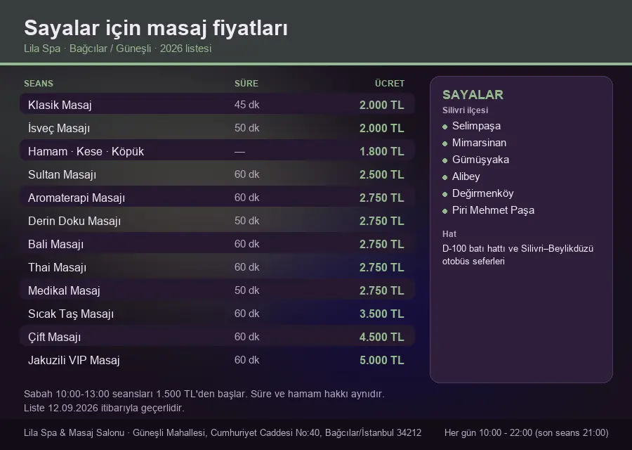 Sayalar sayfası için Lila Spa masaj fiyat tablosu: seans, süre ve ücret listesi