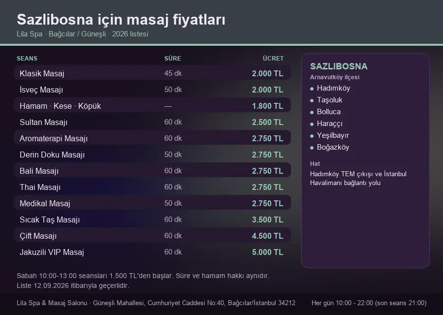 Sazlibosna sayfası için Lila Spa masaj fiyat tablosu: seans, süre ve ücret listesi