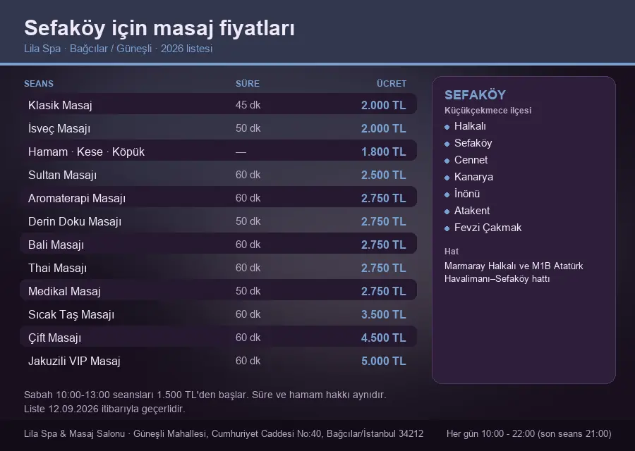 Sefaköy sayfası için Lila Spa masaj fiyat tablosu: seans, süre ve ücret listesi