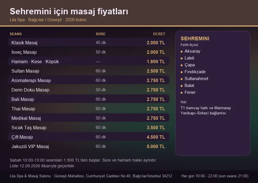 Sehremini sayfası için Lila Spa masaj fiyat tablosu: seans, süre ve ücret listesi