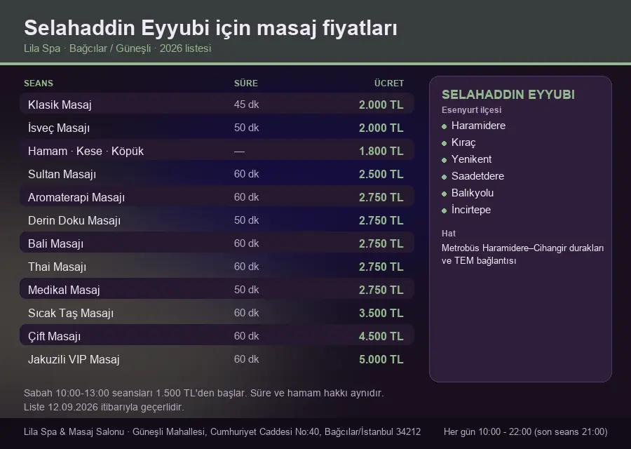 Selahaddin Eyyubi sayfası için Lila Spa masaj fiyat tablosu: seans, süre ve ücret listesi