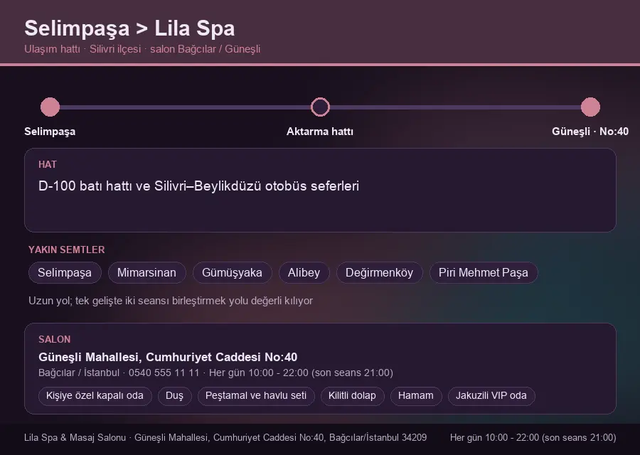 Selimpaşa içinden Lila Spa'ya ulaşım hattı şeması: D-100 batı hattı ve Silivri–Beylikdüzü otobüs seferleri