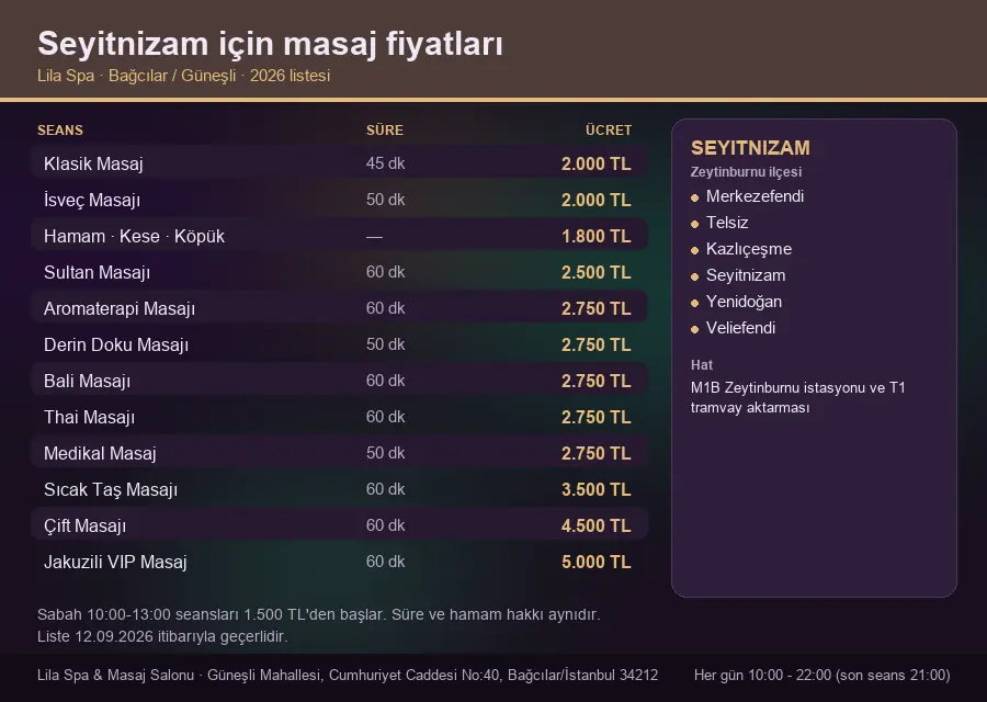 Seyitnizam sayfası için Lila Spa masaj fiyat tablosu: seans, süre ve ücret listesi