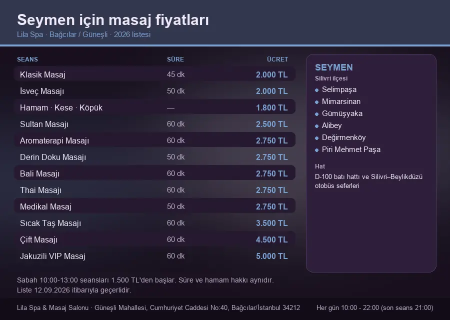 Seymen sayfası için Lila Spa masaj fiyat tablosu: seans, süre ve ücret listesi