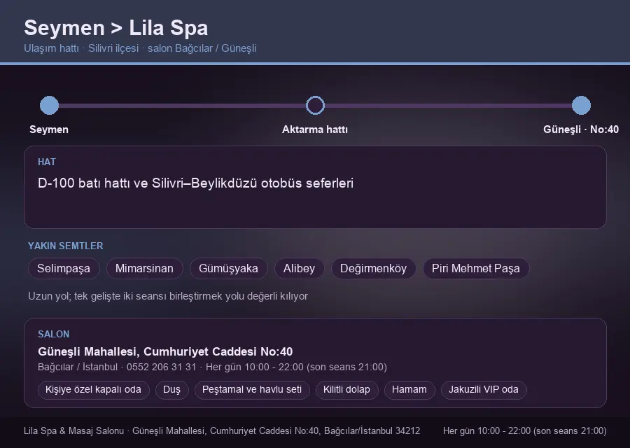 Seymen içinden Lila Spa'ya ulaşım hattı şeması: D-100 batı hattı ve Silivri–Beylikdüzü otobüs seferleri