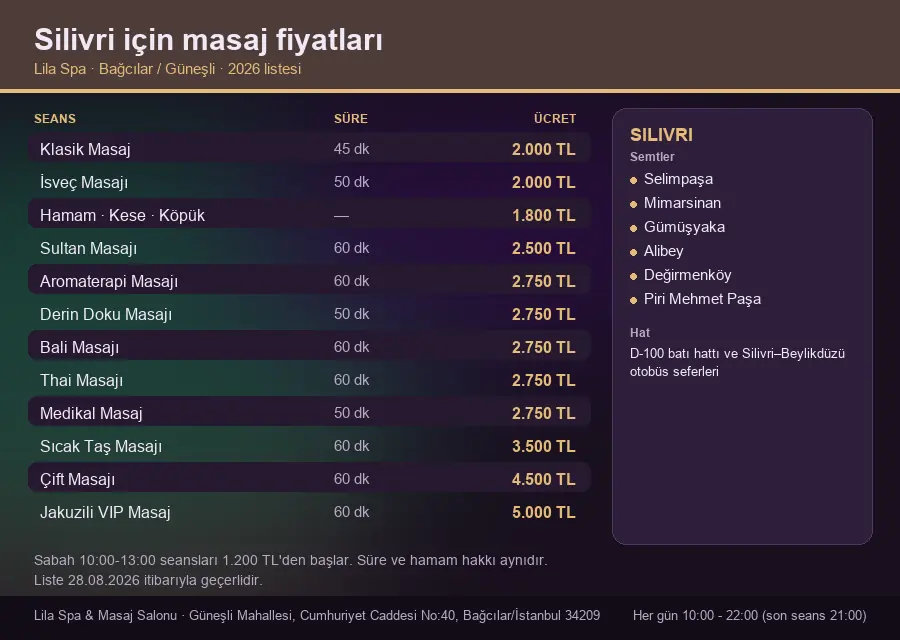 Silivri sayfası için Lila Spa masaj fiyat tablosu: seans, süre ve ücret listesi