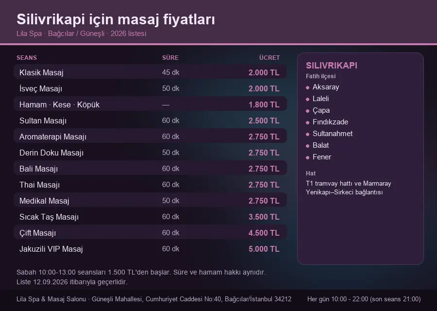 Silivrikapi sayfası için Lila Spa masaj fiyat tablosu: seans, süre ve ücret listesi