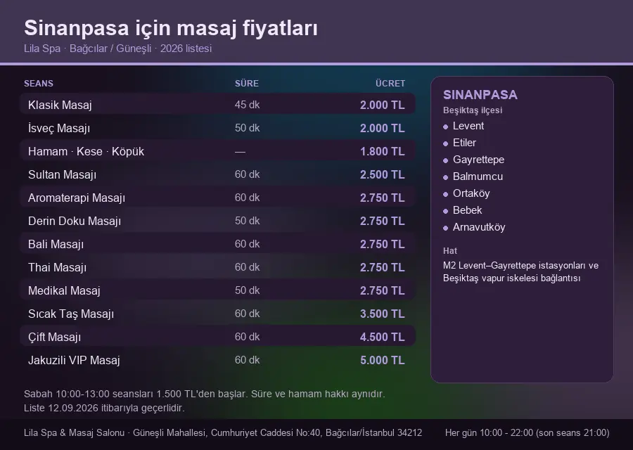 Sinanpasa sayfası için Lila Spa masaj fiyat tablosu: seans, süre ve ücret listesi