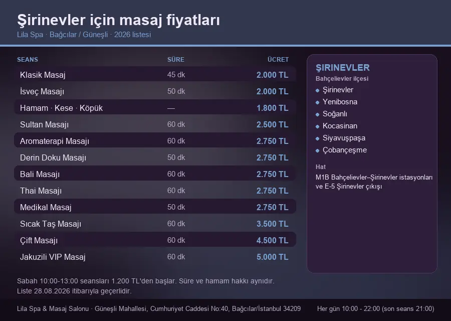 Şirinevler sayfası için Lila Spa masaj fiyat tablosu: seans, süre ve ücret listesi