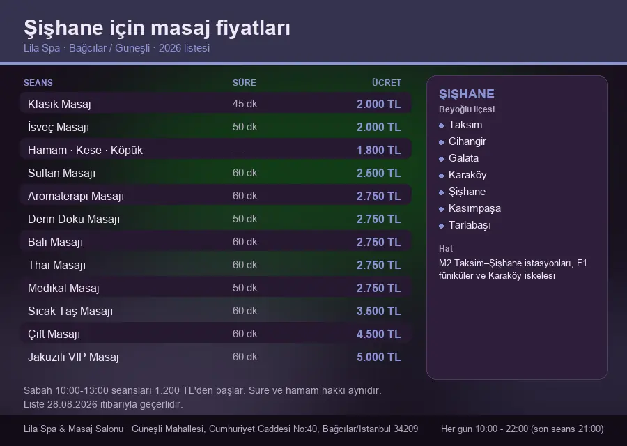 Şişhane sayfası için Lila Spa masaj fiyat tablosu: seans, süre ve ücret listesi