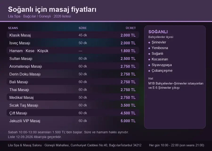 Soğanlı sayfası için Lila Spa masaj fiyat tablosu: seans, süre ve ücret listesi
