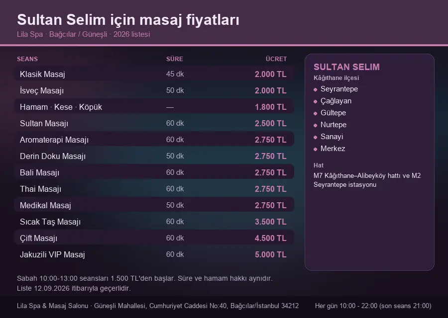 Sultan Selim sayfası için Lila Spa masaj fiyat tablosu: seans, süre ve ücret listesi