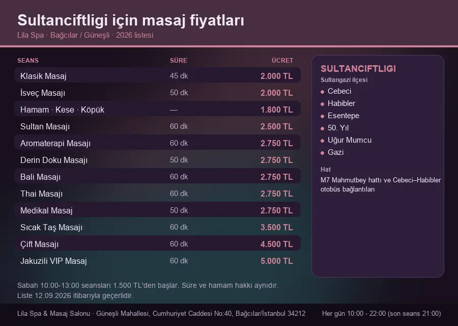 Sultanciftligi sayfası için Lila Spa masaj fiyat tablosu: seans, süre ve ücret listesi