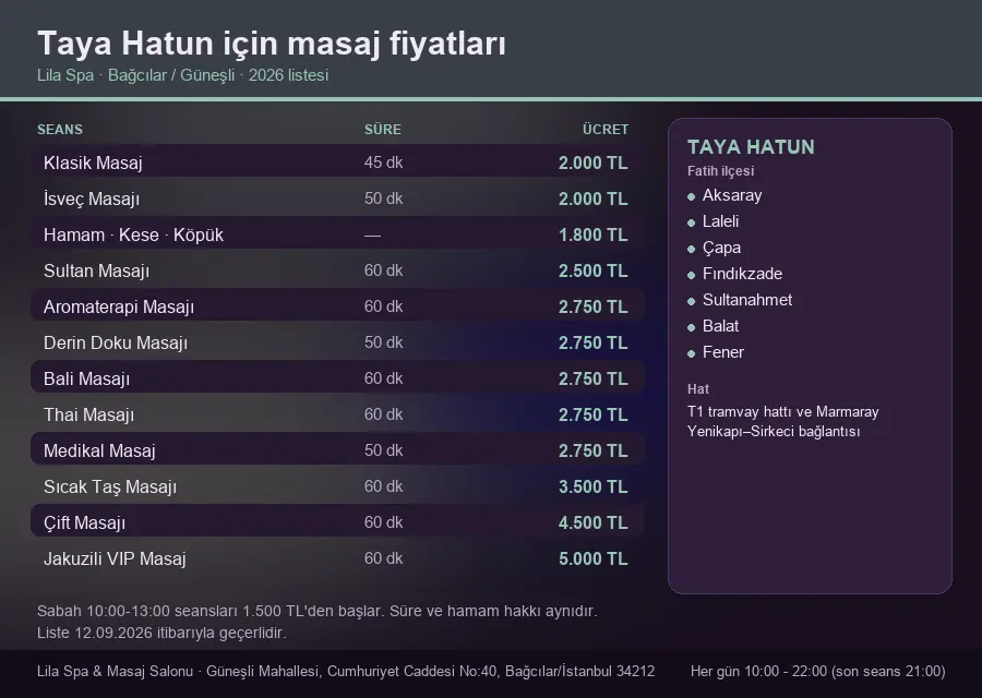 Taya Hatun sayfası için Lila Spa masaj fiyat tablosu: seans, süre ve ücret listesi