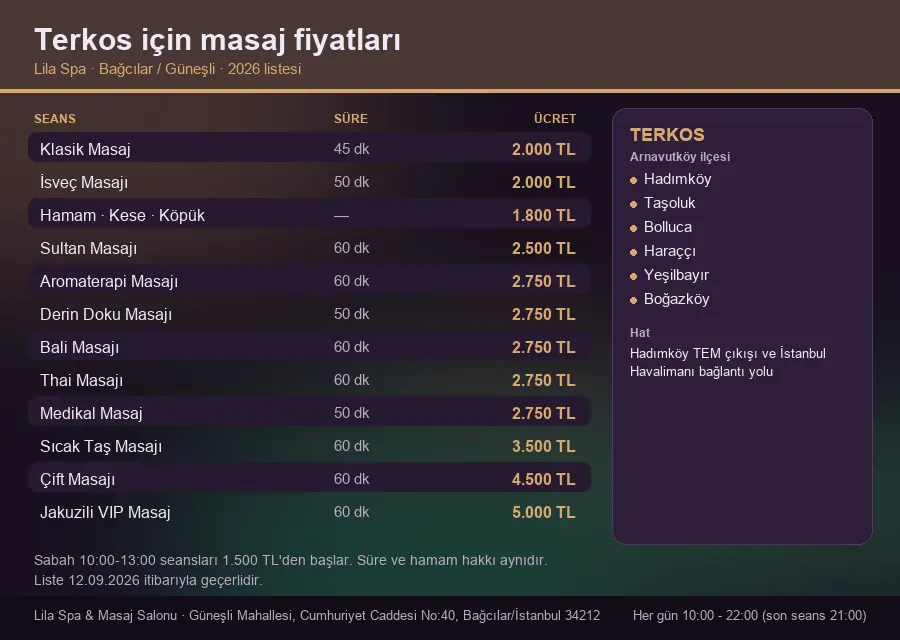 Terkos sayfası için Lila Spa masaj fiyat tablosu: seans, süre ve ücret listesi