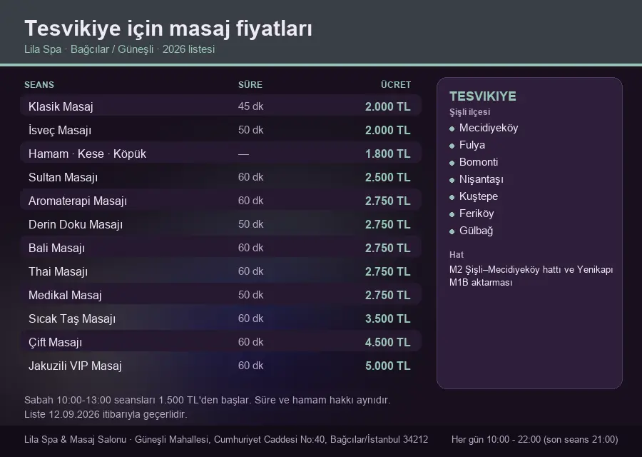 Tesvikiye sayfası için Lila Spa masaj fiyat tablosu: seans, süre ve ücret listesi