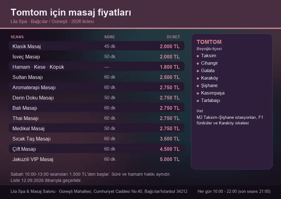 Tomtom sayfası için Lila Spa masaj fiyat tablosu: seans, süre ve ücret listesi