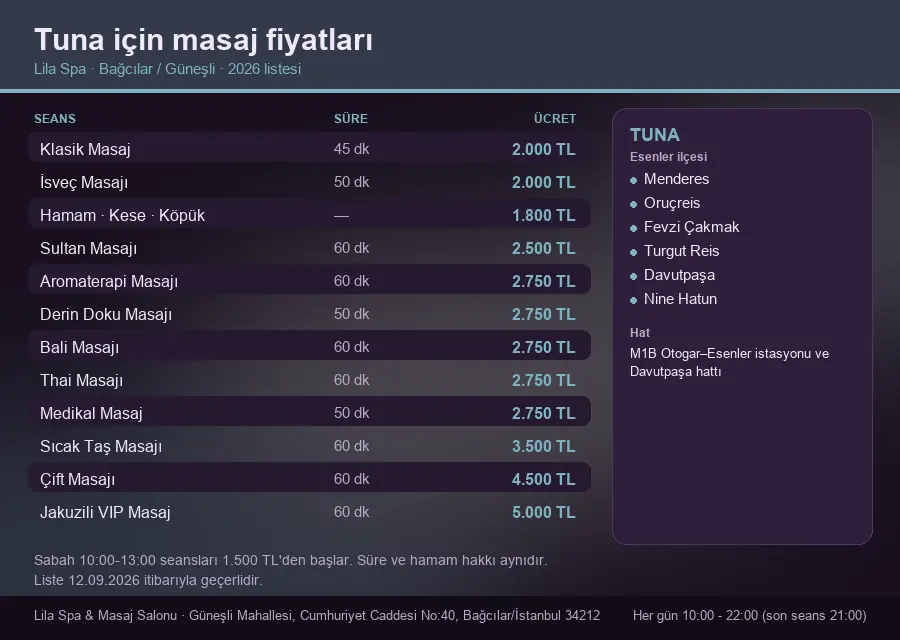 Tuna sayfası için Lila Spa masaj fiyat tablosu: seans, süre ve ücret listesi