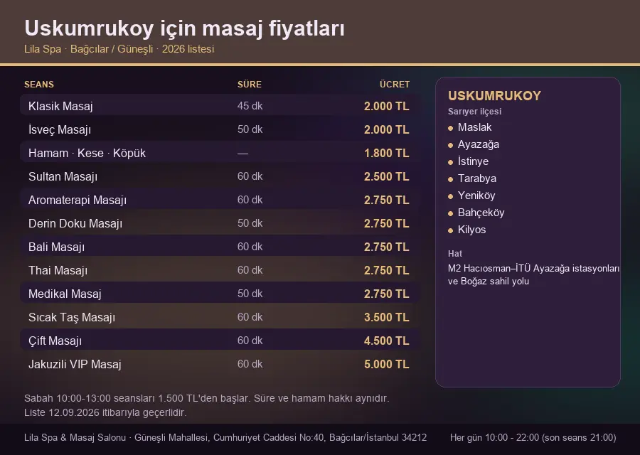 Uskumrukoy sayfası için Lila Spa masaj fiyat tablosu: seans, süre ve ücret listesi