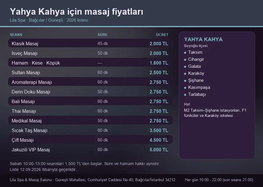 Yahya Kahya sayfası için Lila Spa masaj fiyat tablosu: seans, süre ve ücret listesi