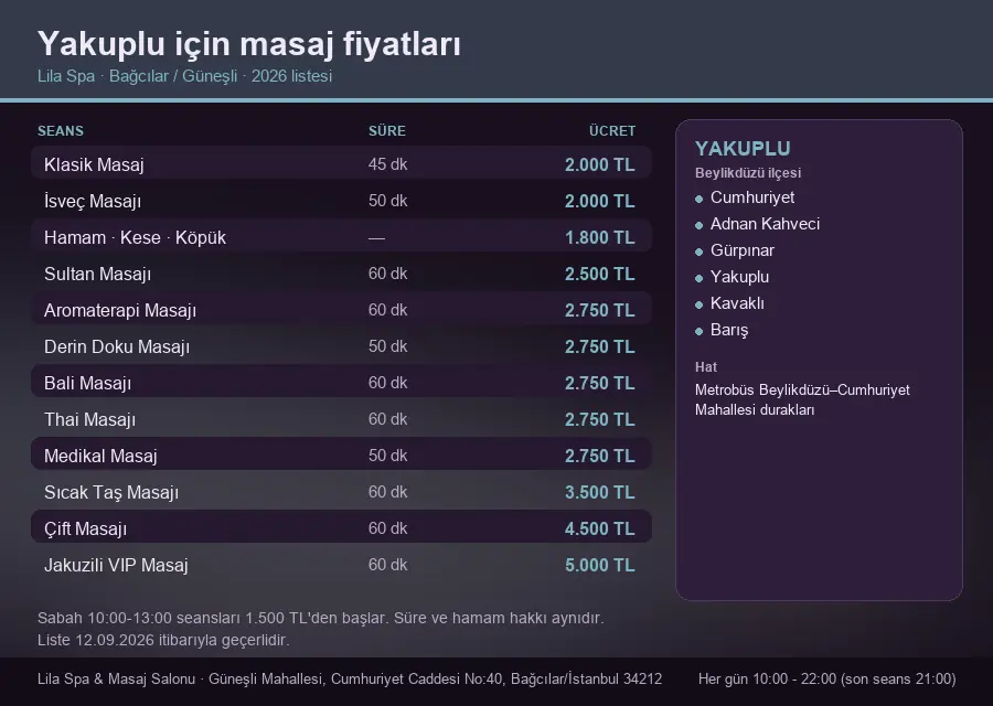 Yakuplu sayfası için Lila Spa masaj fiyat tablosu: seans, süre ve ücret listesi