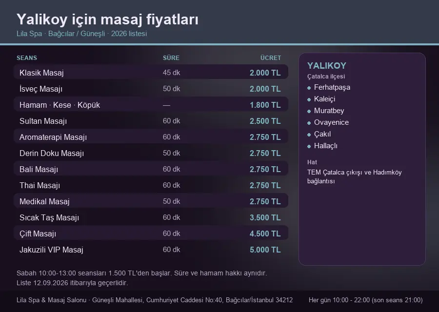 Yalikoy sayfası için Lila Spa masaj fiyat tablosu: seans, süre ve ücret listesi