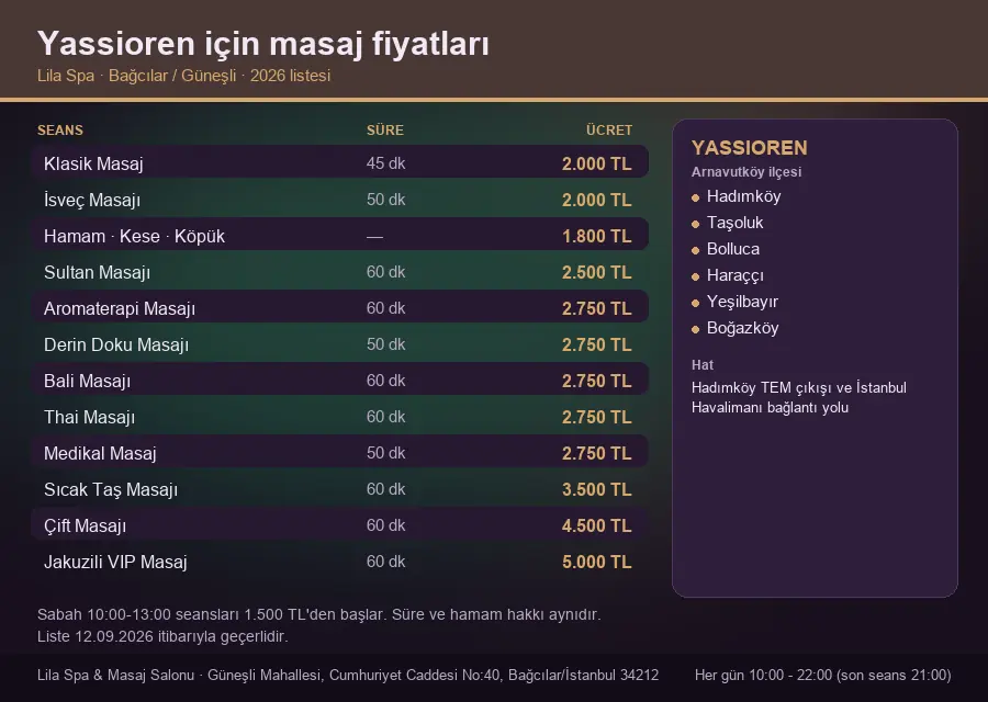 Yassioren sayfası için Lila Spa masaj fiyat tablosu: seans, süre ve ücret listesi