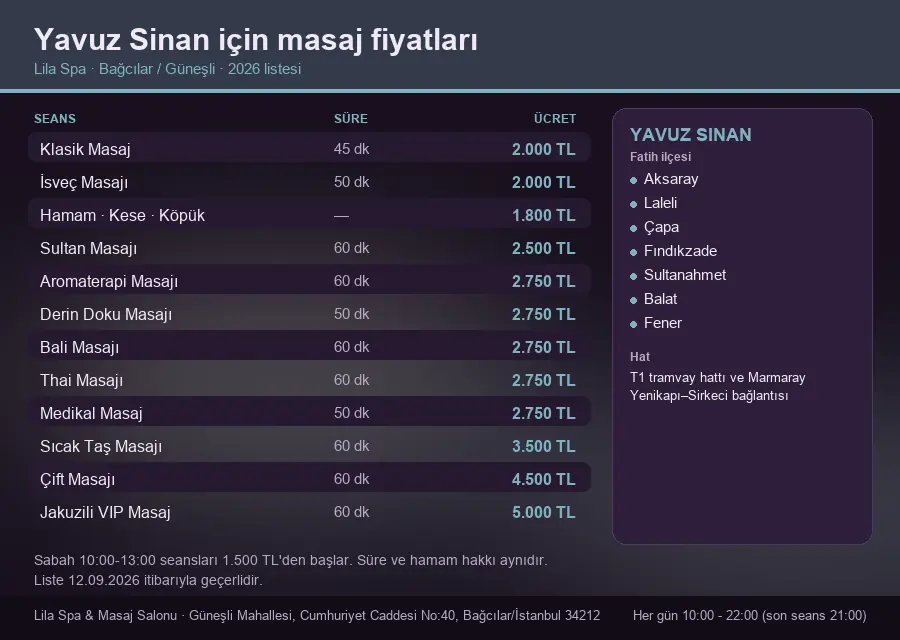 Yavuz Sinan sayfası için Lila Spa masaj fiyat tablosu: seans, süre ve ücret listesi