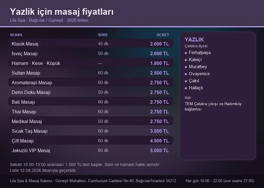 Yazlik sayfası için Lila Spa masaj fiyat tablosu: seans, süre ve ücret listesi