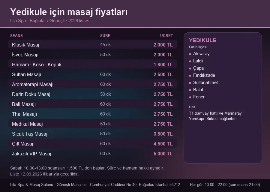 Yedikule sayfası için Lila Spa masaj fiyat tablosu: seans, süre ve ücret listesi
