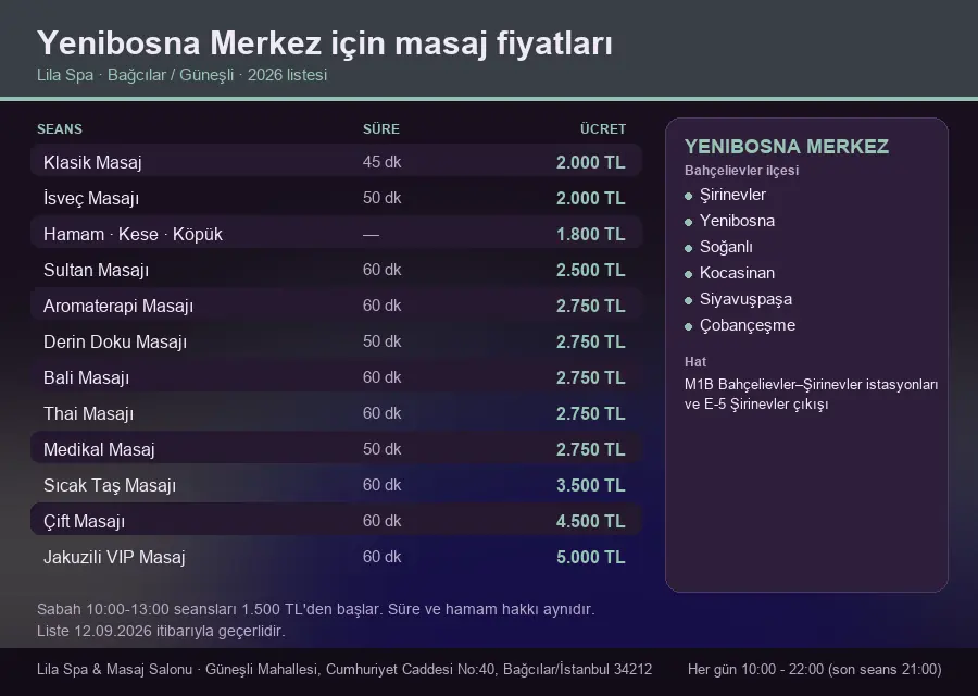 Yenibosna Merkez sayfası için Lila Spa masaj fiyat tablosu: seans, süre ve ücret listesi