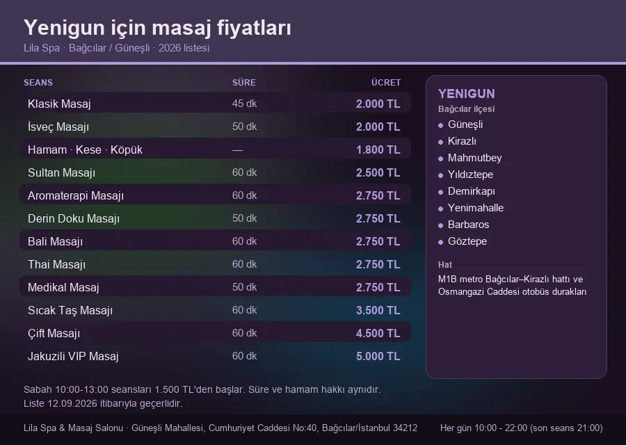 Yenigun sayfası için Lila Spa masaj fiyat tablosu: seans, süre ve ücret listesi