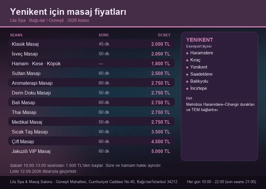 Yenikent sayfası için Lila Spa masaj fiyat tablosu: seans, süre ve ücret listesi